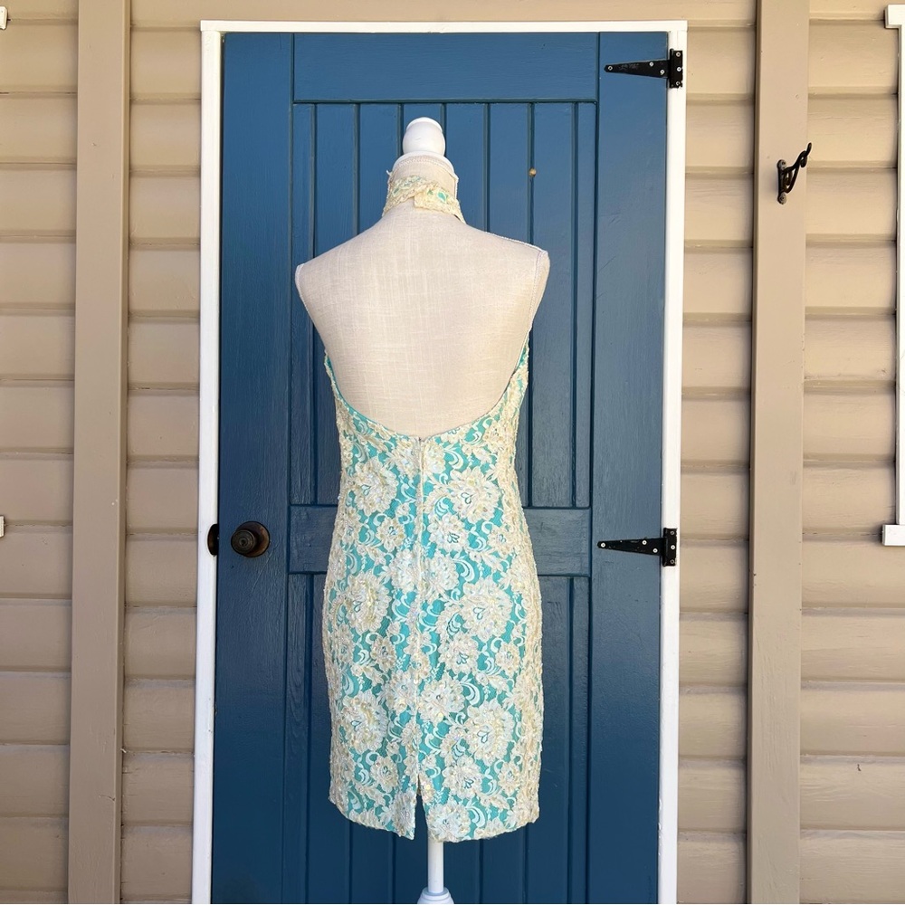 Vintage High-Neck Aqua Midi Dress Lace Overlay with embroidery pearl Size XS - Picture 4 of 9